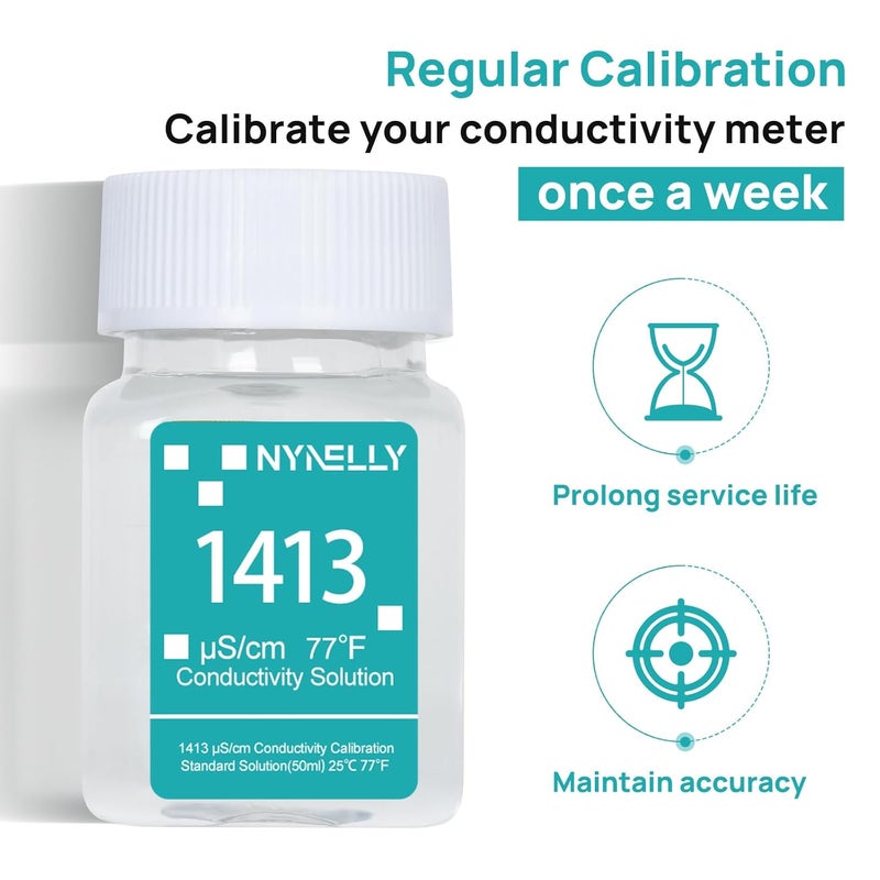 Nynelly محلول معايرة الموصلية 1413 µS/cm، محلول عازل ملحي قياسي لمختبرات الملوحة، مقياس TDS، مقياس EC، معايرة جهاز متعدد المعلمات 7 في 1، 3 زجاجات سعة 50 مل - Image 4